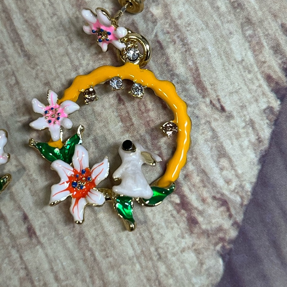 Charming Fluffy Bunny Floral Enamel Hoop Earrings. - Picture 5 of 5